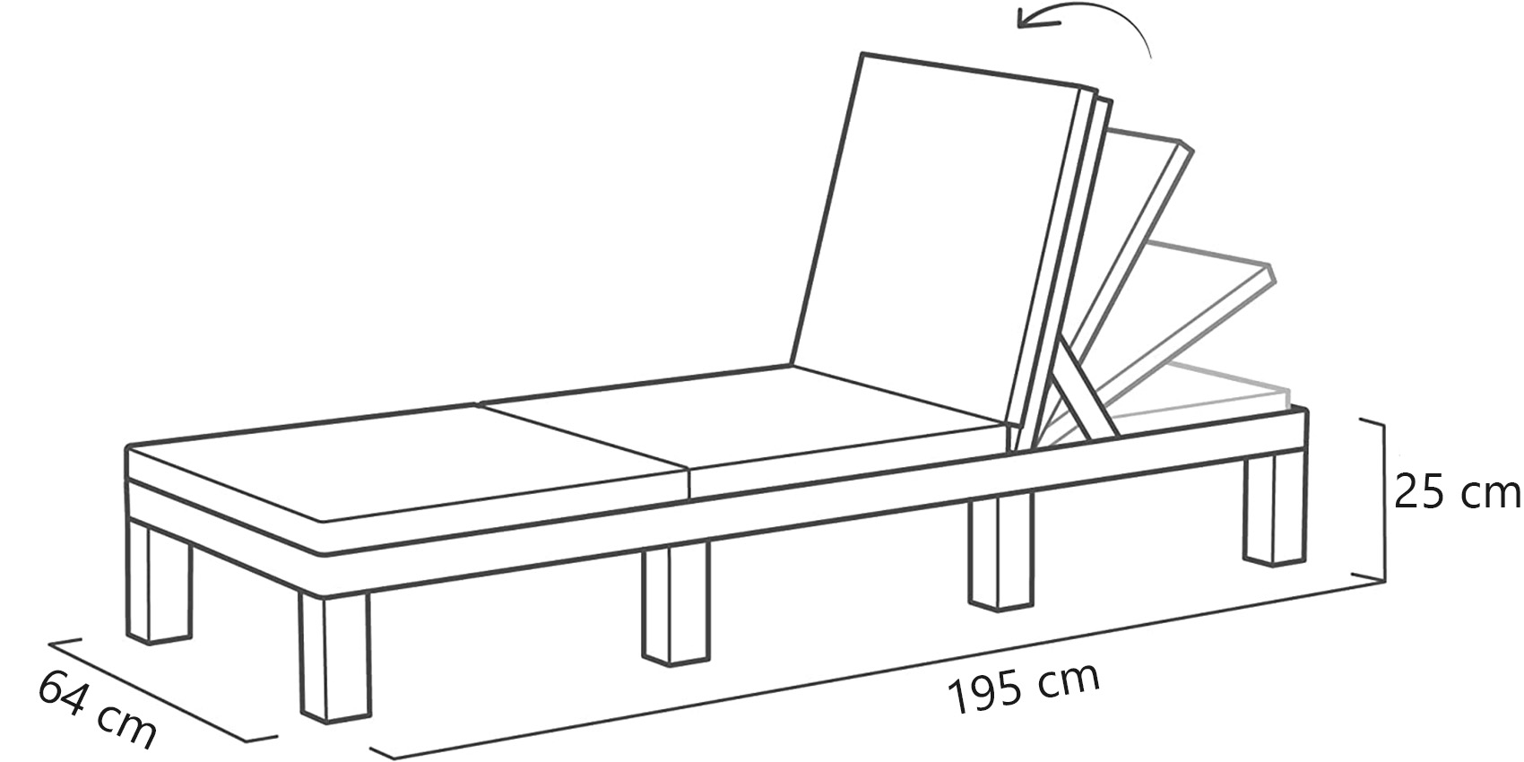 Allibert Daytona, Sonnenliege - Dimension, Abmessungen: H 25 cm x L 195 cm x B 64 cm