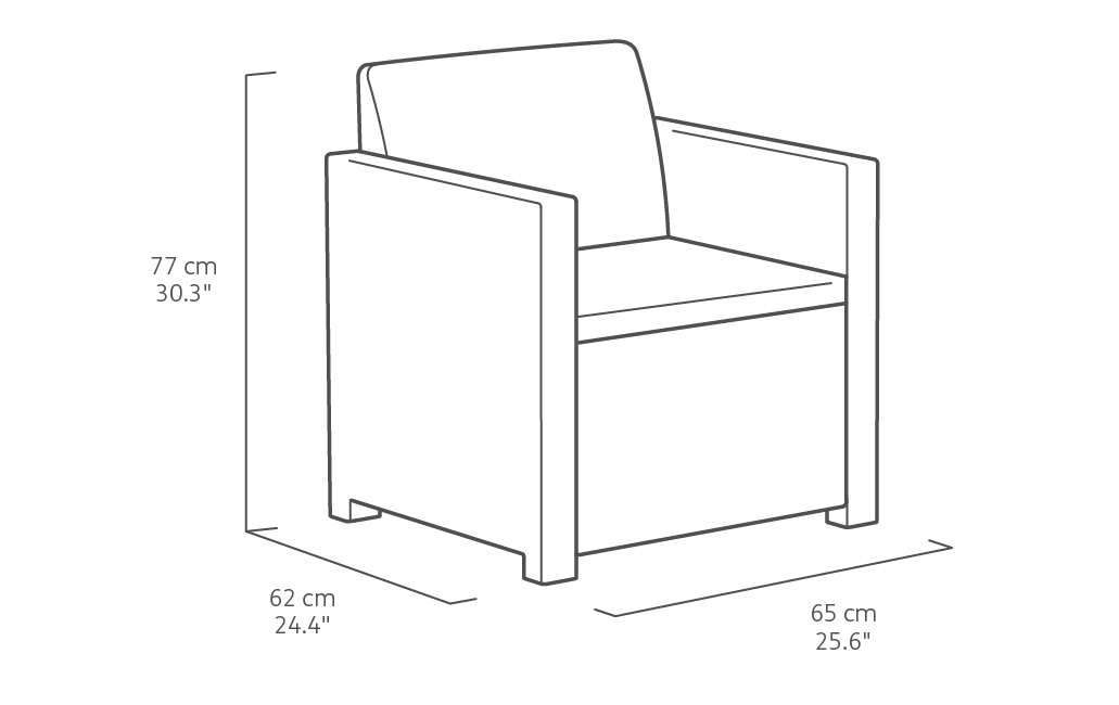 Allibert Monaco Sessel, Gartensessel, Gartenmöbel - Dimension, Abmessungen: H 77 cm x L 65 cm x B 63 cm