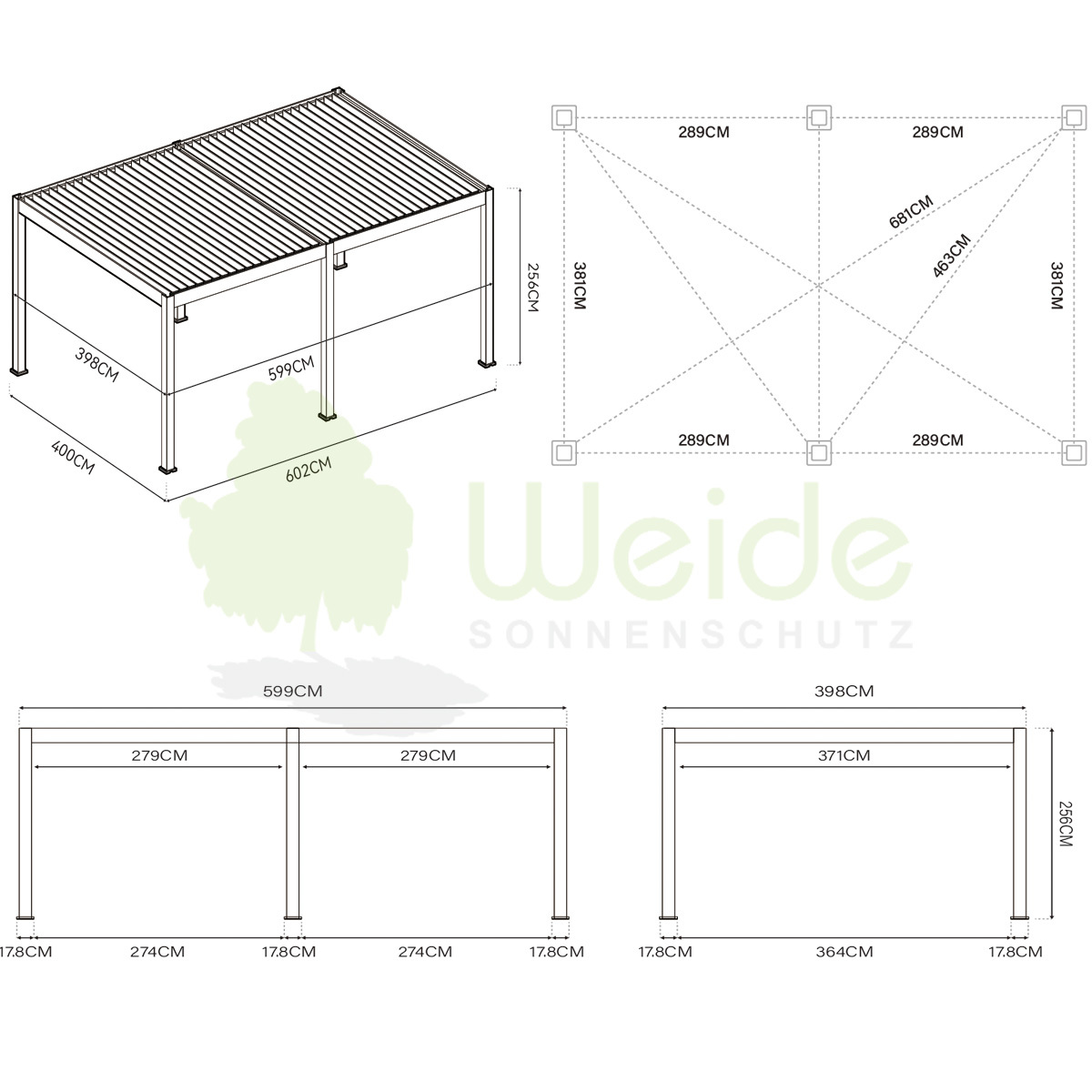 Skizze Weide Deluxe Plus Pergola 4x6 Meter Maße