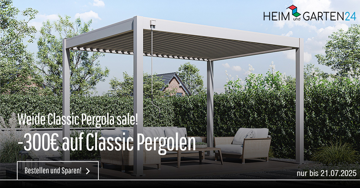 Sparen Sie jetzt 300 € auf Ihre Classic Pergola mit dem Gutscheincode „CLASSIC300“!